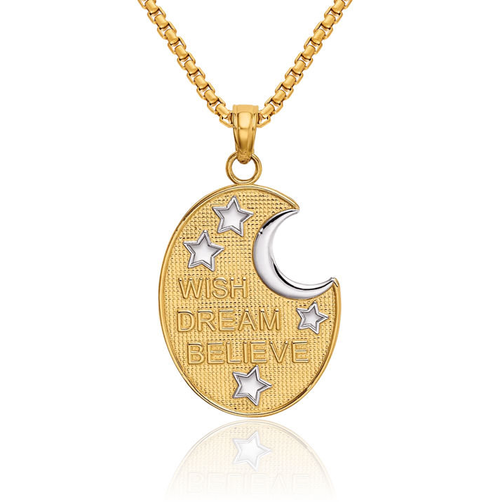 14K Solid Yellow Gold Wish Dream Believe Crescent Moon Stars Necklace Chain Pendant Charm