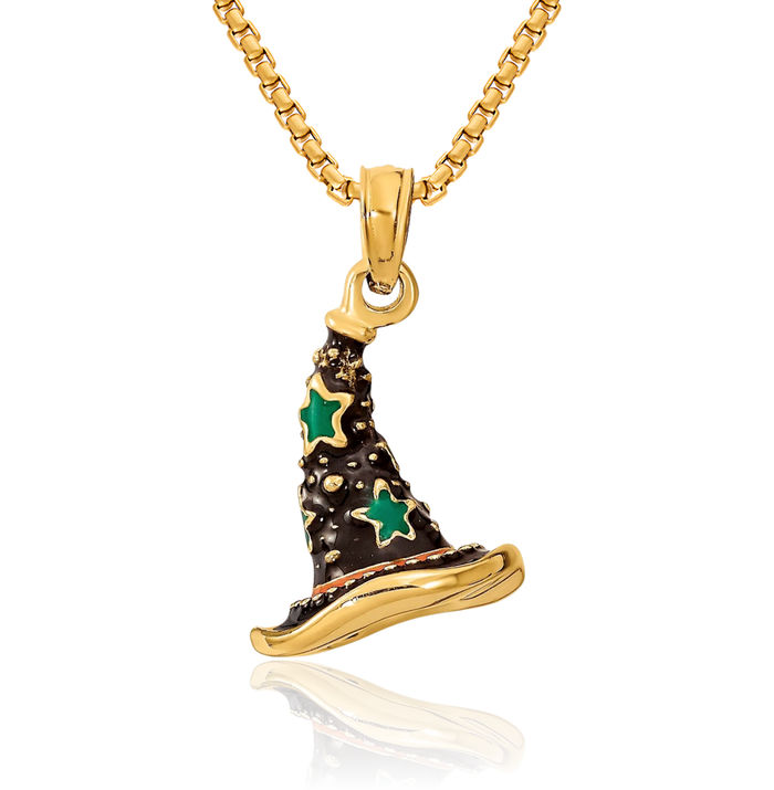 NEWEI Stainless Steel Halloween Keychain - Gold Plated Witch Cat Charm, Purse Accessory, Gift Pouch Included