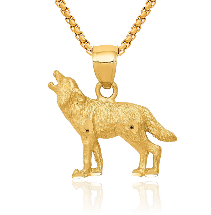 14K Solid Yellow Gold Wolf Necklace Chain Pendant Charm