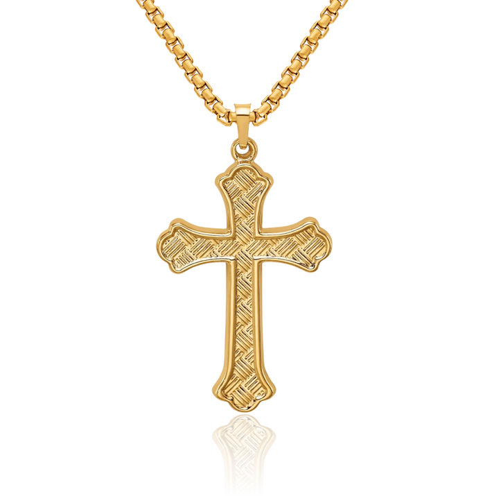 14K Solid Yellow Gold Woven French Fleur De Lis Lily Flower Holy Cross Necklace Religious Chain Pendant Jesus Christ Charm