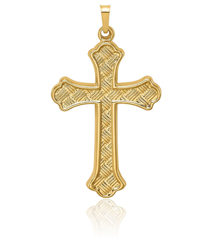 14K Solid Yellow Gold Woven French Fleur De Lis Lily Flower Holy Cross Necklace Religious Chain Pendant Jesus Christ Charm