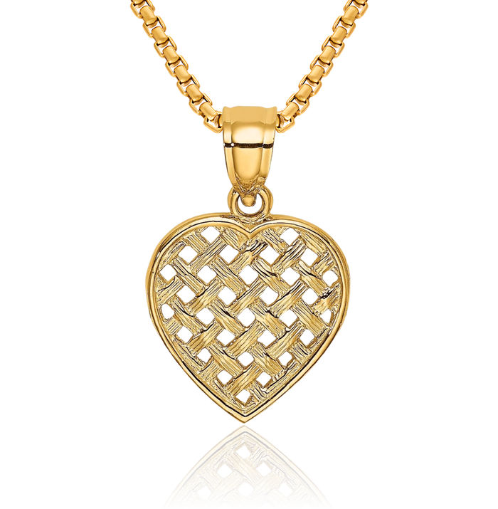 14K Solid Yellow Gold Woven Heart Necklace Love Pendant Charm