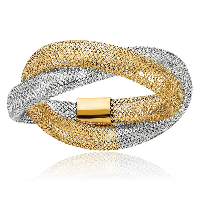 14K Solid Yellow Gold Woven Mesh Stretch Crisscross Band Twisted Statement Ring
