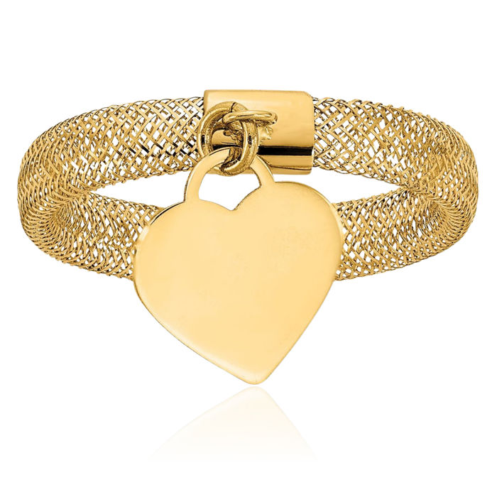 14K Solid Yellow Gold Woven Mesh Stretch Heart Charm Crisscross Band Twisted Statement Ring