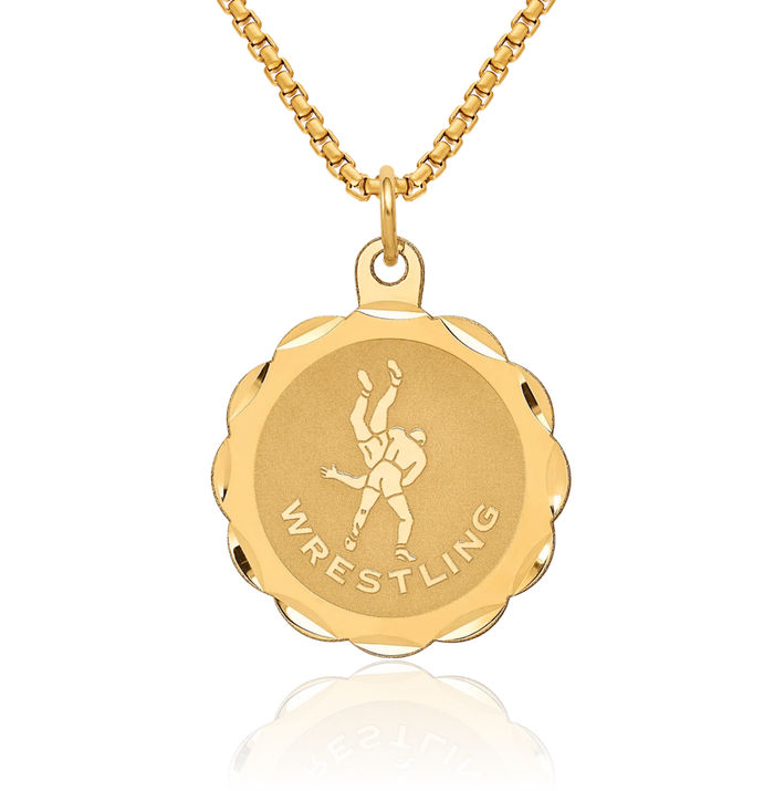 14K Solid Yellow Gold Wrestling Edge Disc Necklace Charm Sports Pendant