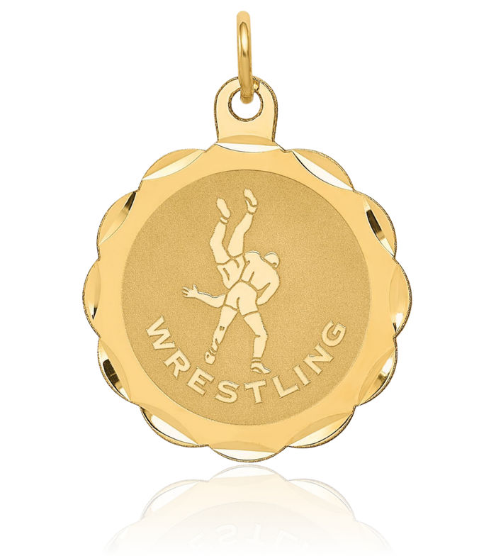 14K Solid Yellow Gold Wrestling Edge Disc Necklace Charm Sports Pendant