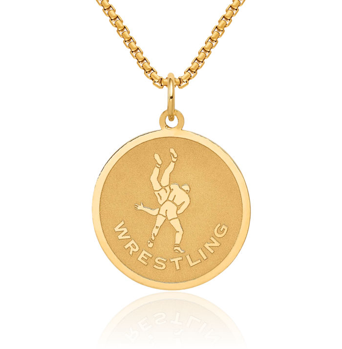 14K Solid Yellow Gold Wrestling Disc Necklace Charm Sports Pendant