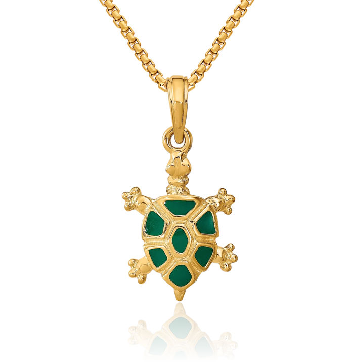 14K Solid Yellow Gold Wtih Green Land Sea Turtle Necklace Chain Pendant Charm