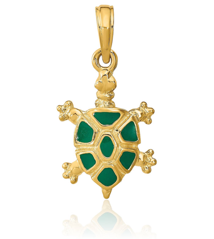 14K Solid Yellow Gold Wtih Green Land Sea Turtle Necklace Chain Pendant Charm