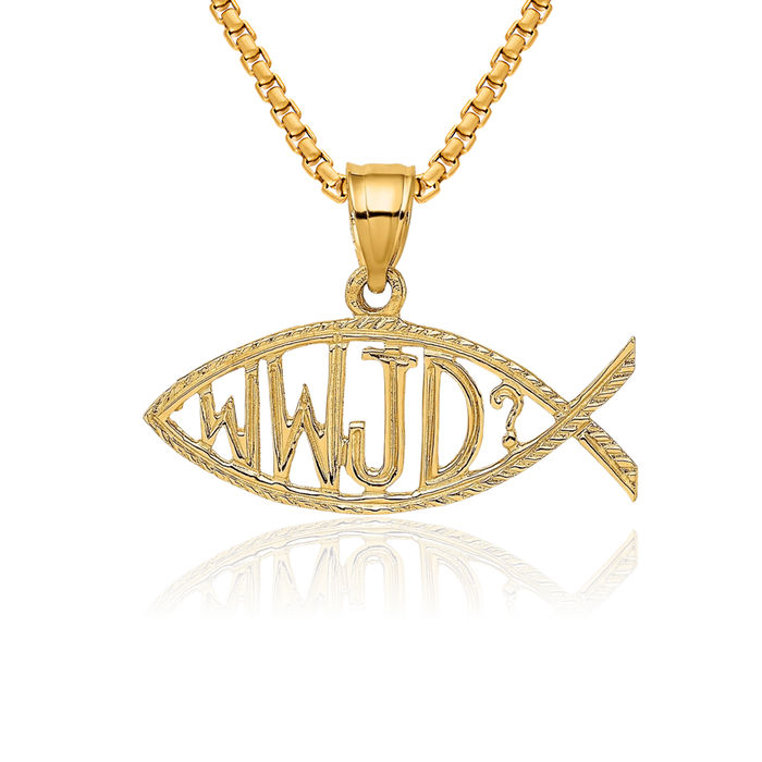 14K Solid Yellow Gold Wwjd Ichthus Fish Symbol Necklace Religious Chain Pendant Christian Jesus Christ Charm