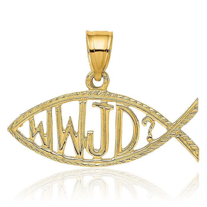 14K Solid Yellow Gold Wwjd Ichthus Fish Symbol Necklace Religious Chain Pendant Christian Jesus Christ Charm