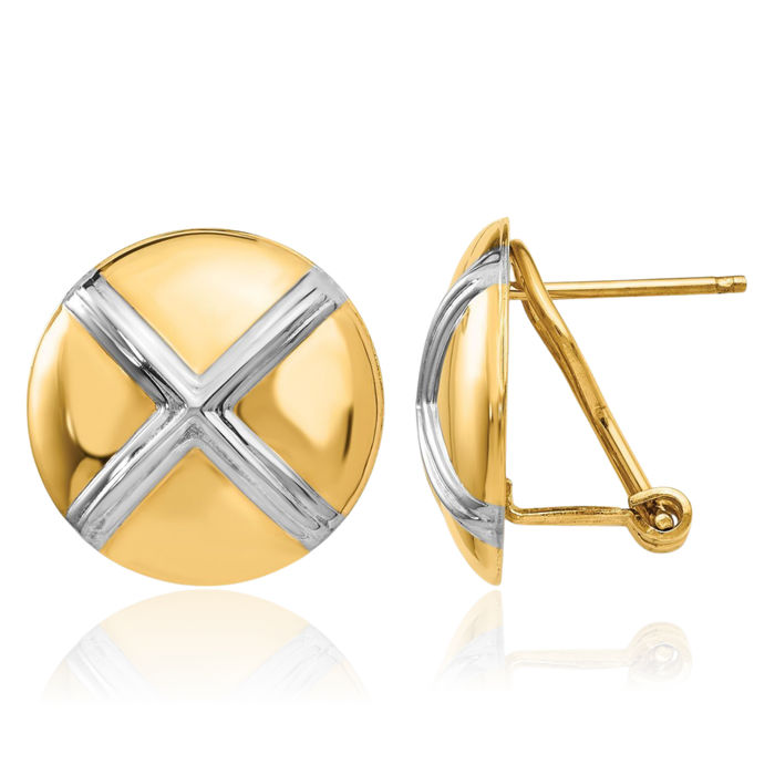 14K Solid Yellow Gold X-shaped Crisscross Omega Clip Back Post Stud Earrings