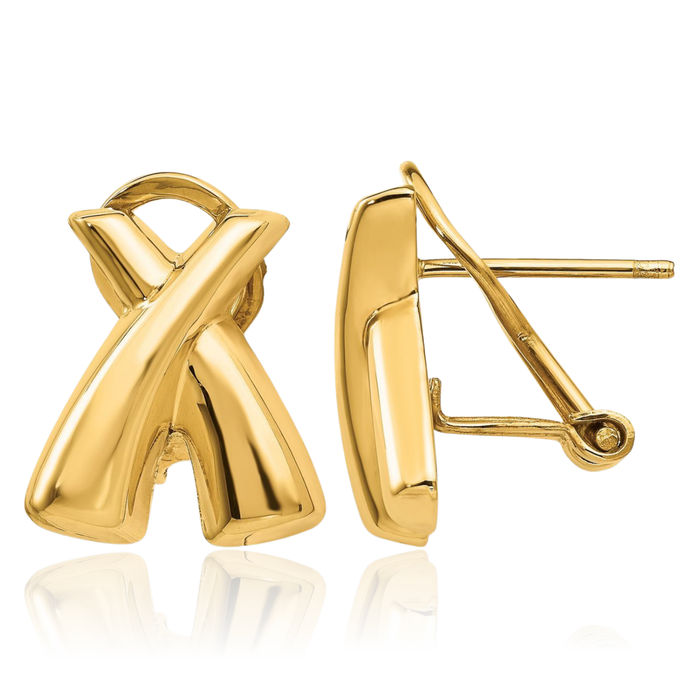14K Solid Yellow Gold X-shaped Crisscross Omega Clip Back Post Stud Earrings