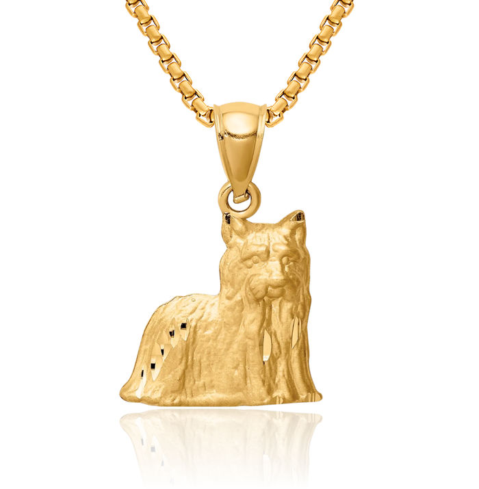 14K Solid Yellow Gold Yorkshire Terrier Necklace Chain Pendant Charm