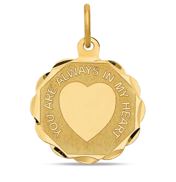 14K Solid Yellow Gold You Are Always My Heart Disc Necklace Chain Pendant Charm