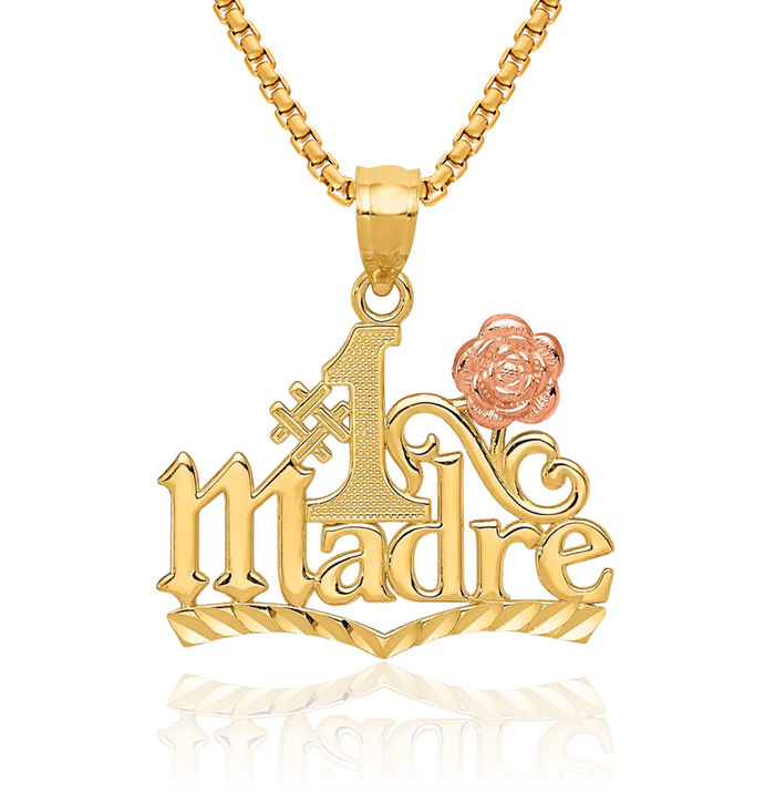 14K Solid Yellow Rose Pink Gold Best Madre Mother Necklace Chain Pendant Charm