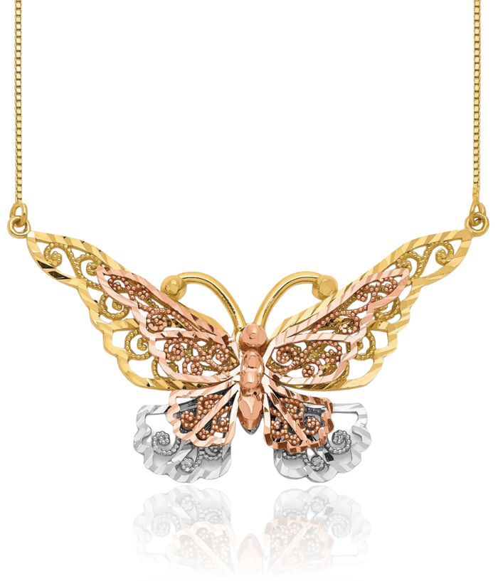 14K Solid Yellow Rose Pink Gold Butterfly Wings Chain Necklace