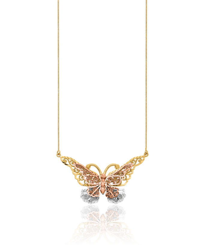 14K Solid Yellow Rose Pink Gold Butterfly Wings Chain Necklace