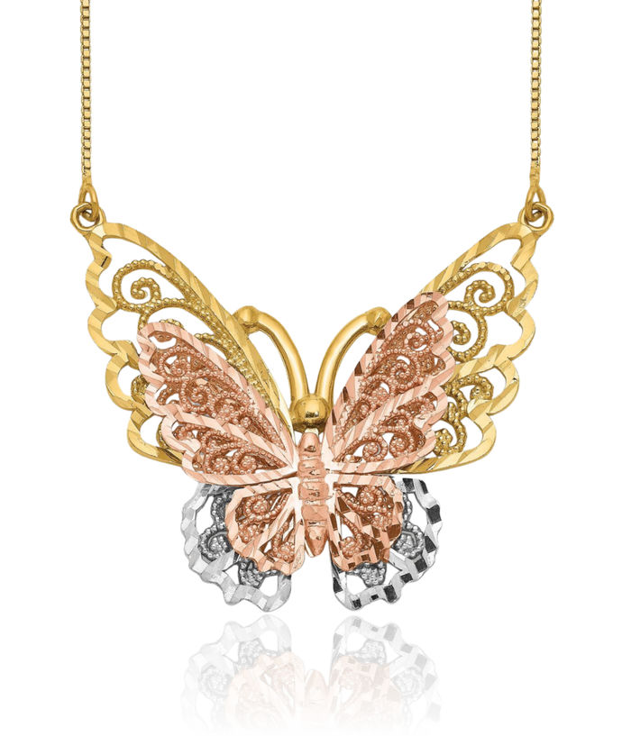 14K Solid Yellow Rose Pink Gold Butterfly Wings Chain Necklace