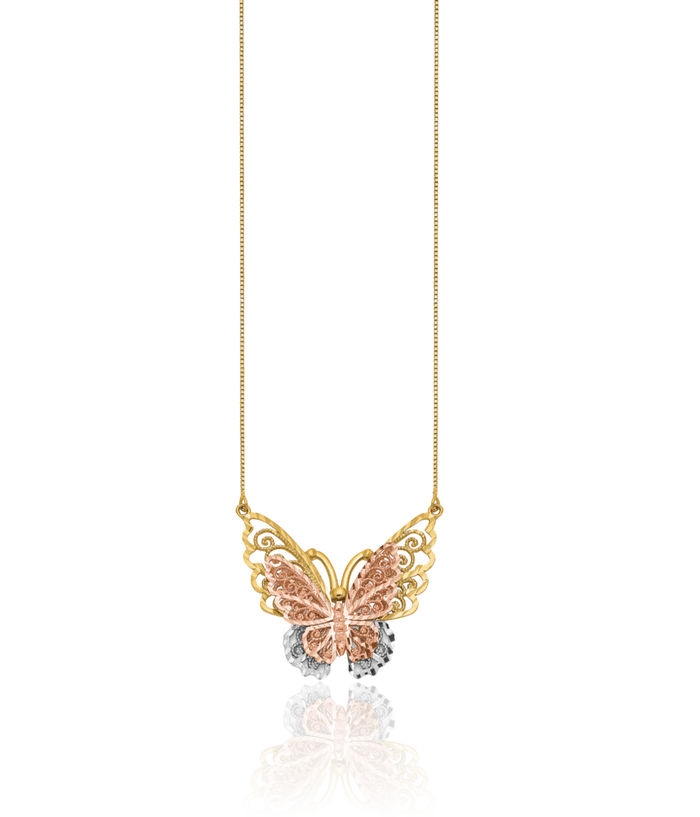 14K Solid Yellow Rose Pink Gold Butterfly Wings Chain Necklace