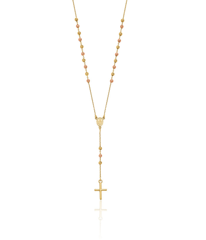 14K Solid Yellow Rose Pink Gold Holy Cross Y Drop Chain Necklace