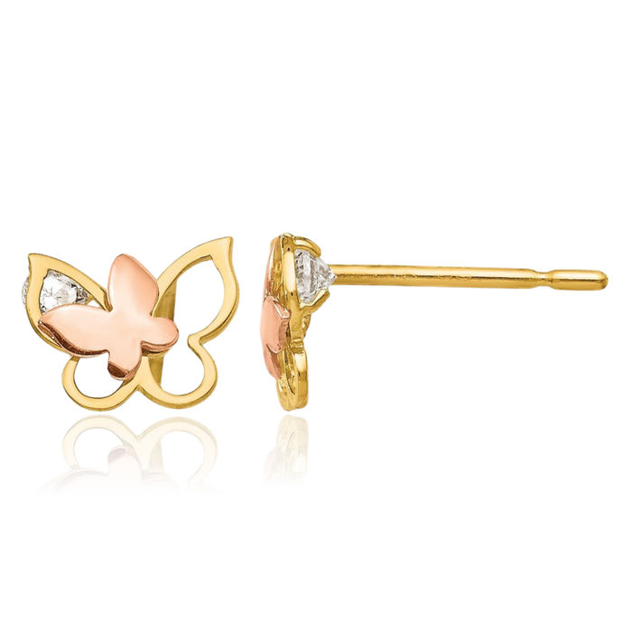 14K Solid Yellow Rose Pink Gold Cubic Zirconia CZ Butterfly Wings Stud Earrings