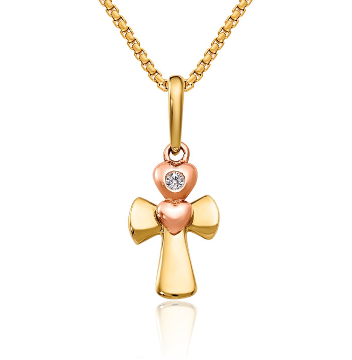 14K Solid Yellow Rose Pink Gold Cubic Zirconia CZ Holy Cross Heart Necklace Religious Chain Pendant Jesus Christ Charm