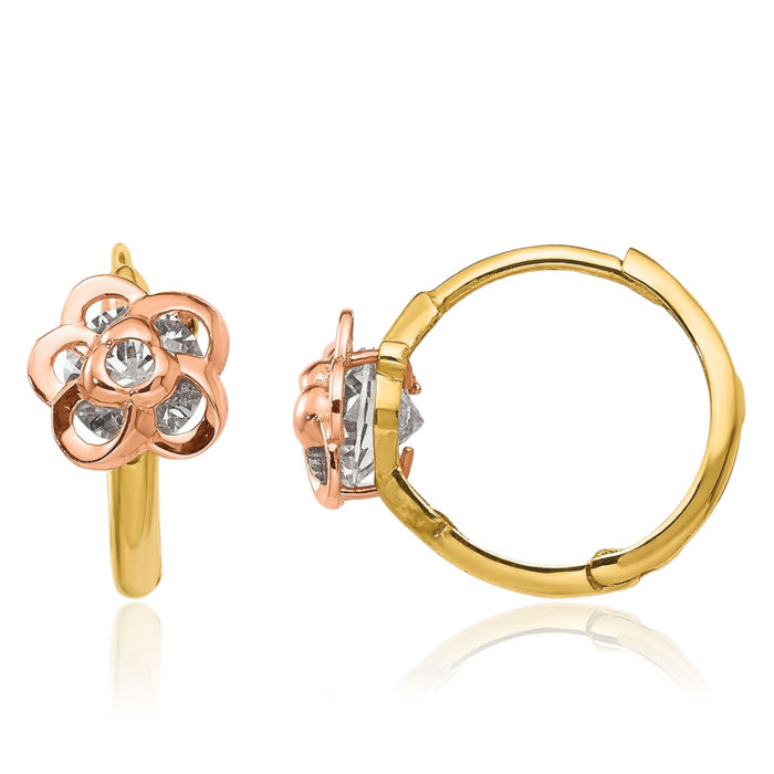 14K Solid Yellow Rose Pink Gold Cubic Zirconia CZ Flower Huggie Mini Small Hoop Earrings