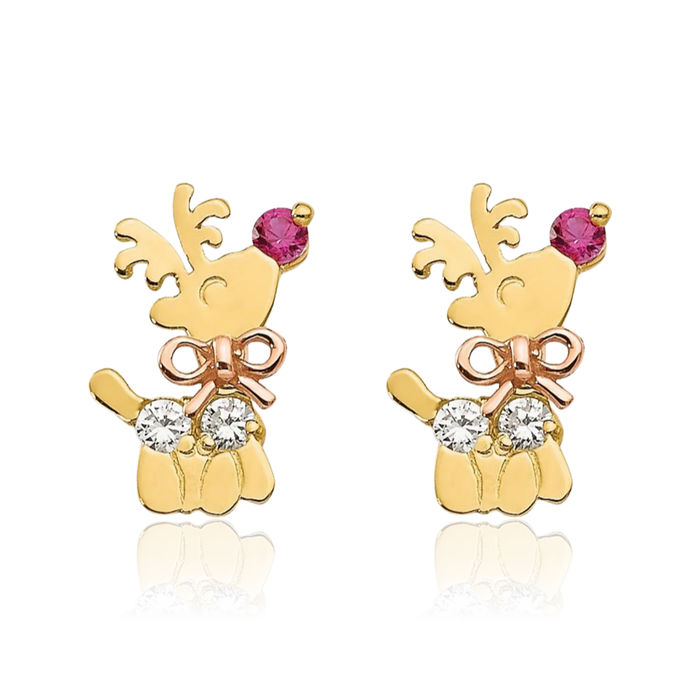 14K Solid Yellow Rose Pink Gold Cubic Zirconia CZ Reindeer Stud Earrings