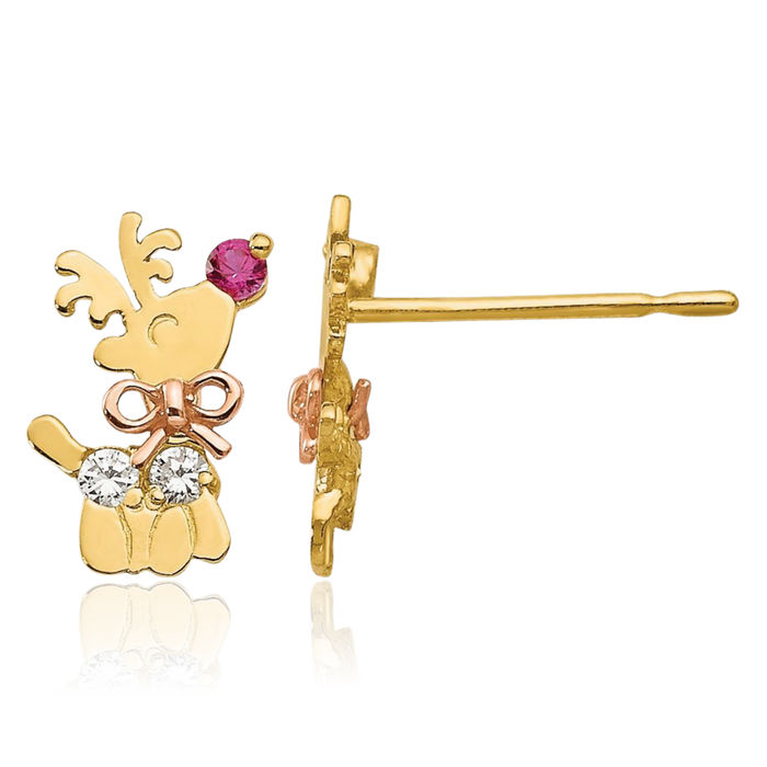 14K Solid Yellow Rose Pink Gold Cubic Zirconia CZ Reindeer Stud Earrings