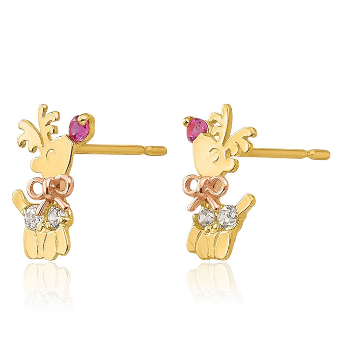 14K Solid Yellow Rose Pink Gold Cubic Zirconia CZ Reindeer Stud Earrings