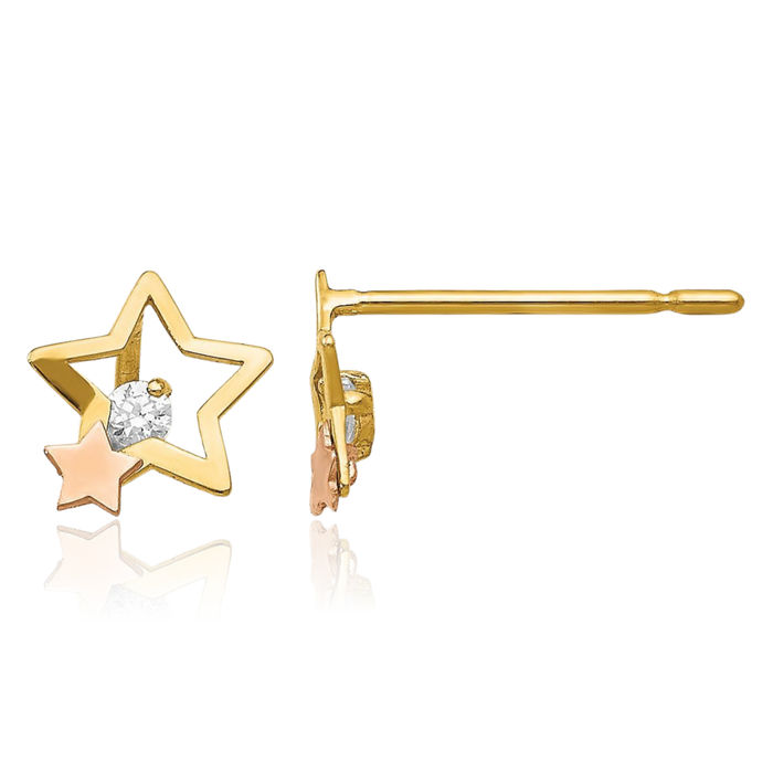 14K Solid Yellow Rose Pink Gold Cubic Zirconia CZ Star Stud Earrings