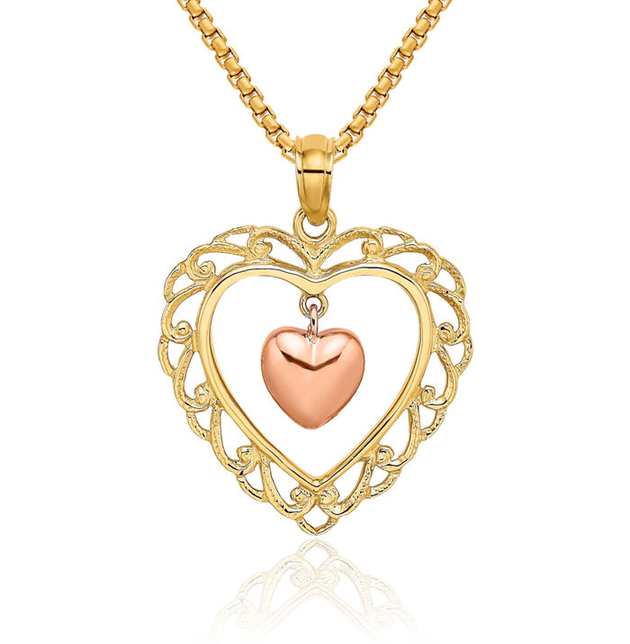 14K Solid Yellow Rose Pink Gold Dangling Heart Necklace Chain Pendant Charm