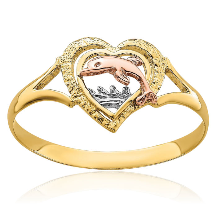 14K Solid Yellow Rose Pink Gold Sea Dolphin Ocean Fish Beach Nautical Heart Ring Love Band