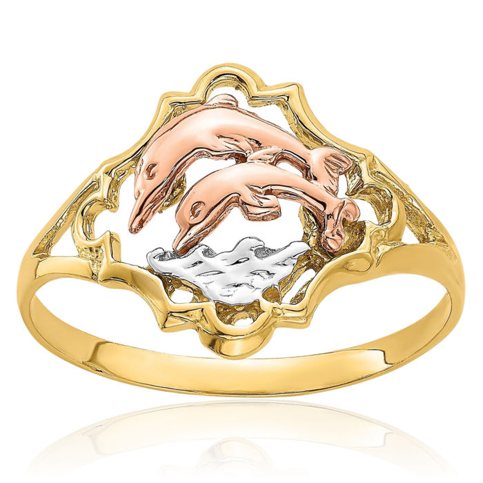 14K Solid Yellow Rose Pink Gold Sea Dolphin Ocean Fish Beach Nautical Ring