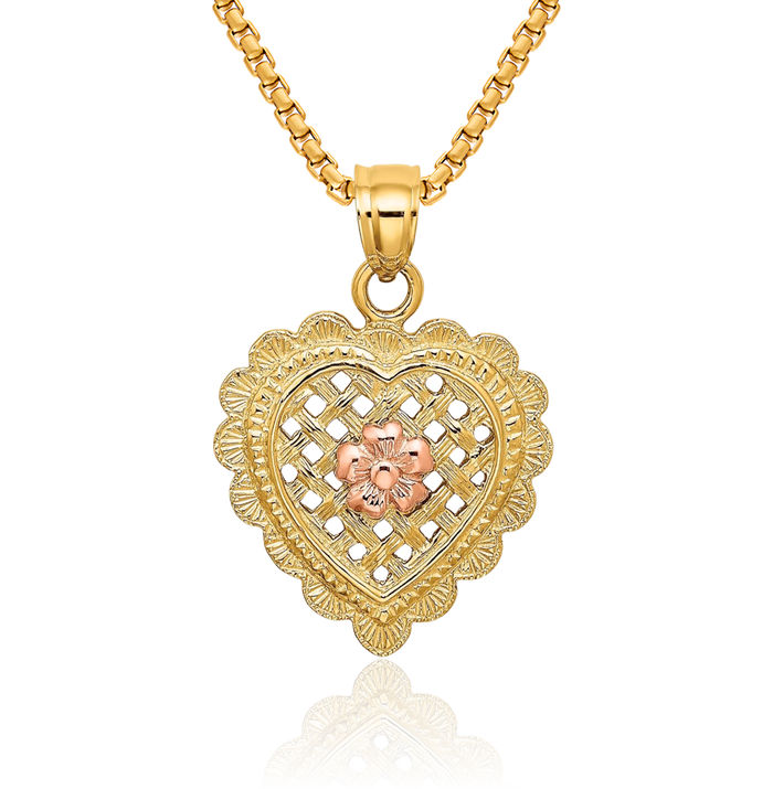 14K Solid Yellow Rose Pink Gold Flower Heart Lightship Nantucket Basket Necklace Hanging Charm Pendant