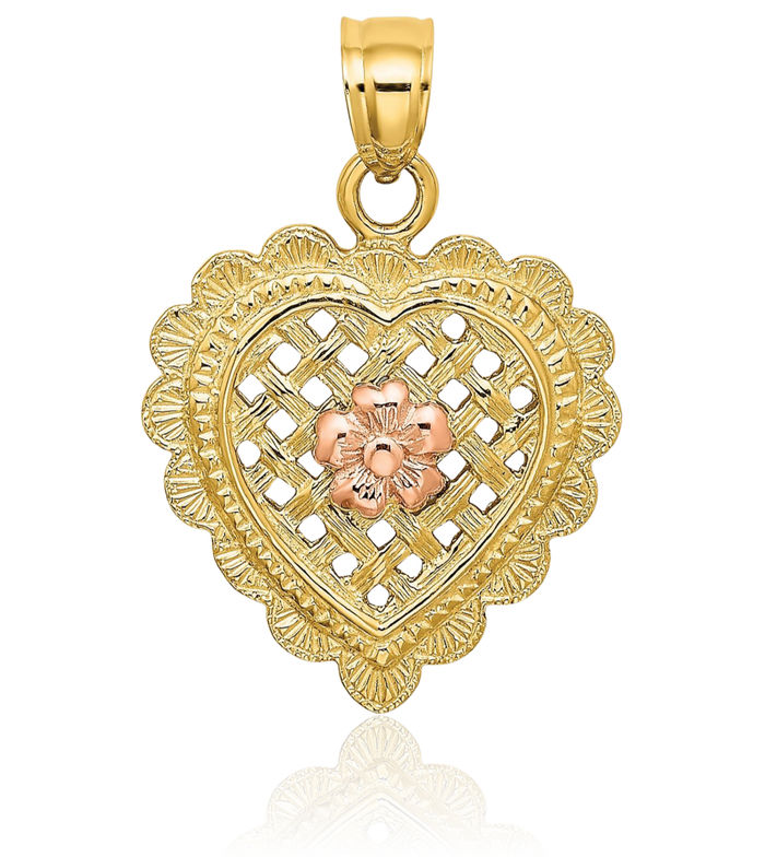 14K Solid Yellow Rose Pink Gold Flower Heart Lightship Nantucket Basket Necklace Hanging Charm Pendant