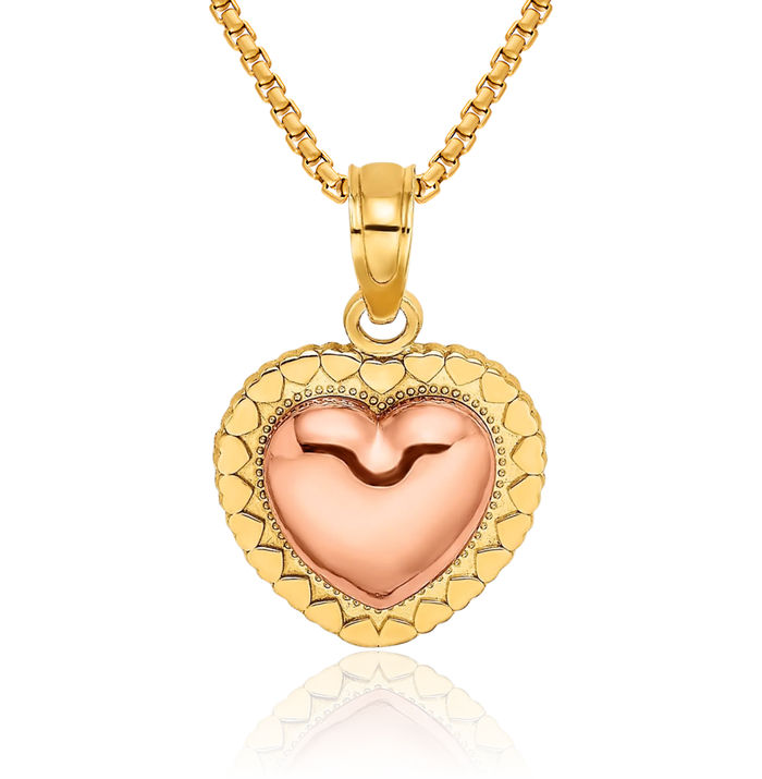 14K Solid Yellow Rose Pink Gold Heart Beaded Necklace Chain Pendant Charm