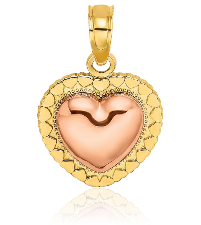 14K Solid Yellow Rose Pink Gold Heart Beaded Necklace Chain Pendant Charm