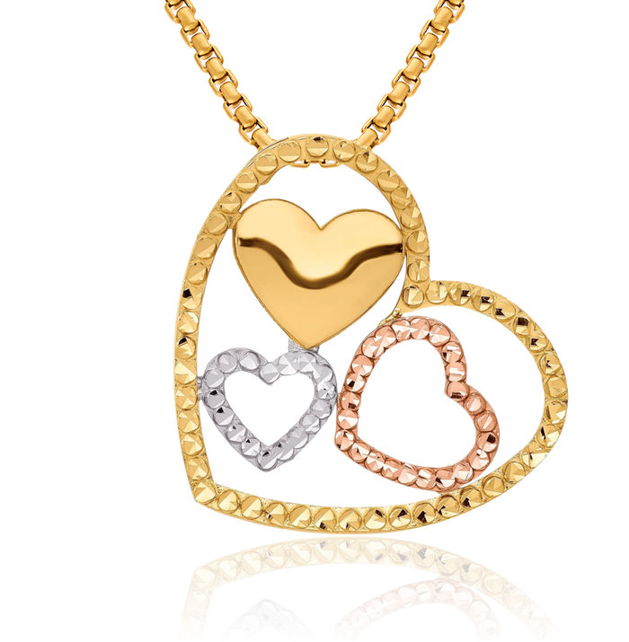 14K Solid Yellow Rose Pink Gold Heart Floating Chain Slide Pendant Necklace Charm