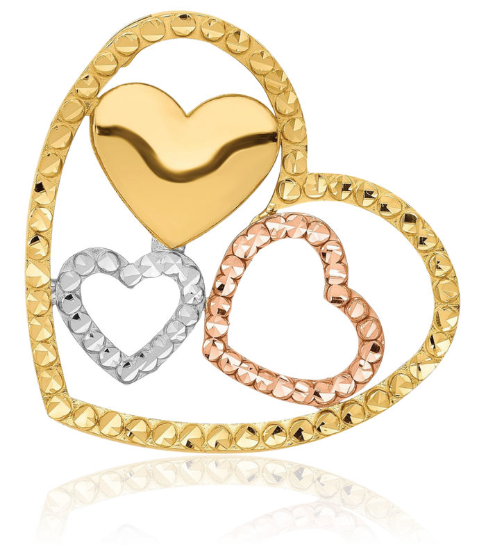 14K Solid Yellow Rose Pink Gold Heart Floating Chain Slide Pendant Necklace Charm