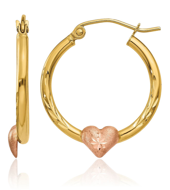 14K Solid Yellow Rose Pink Gold Heart Friendship Medium Hoop Earrings