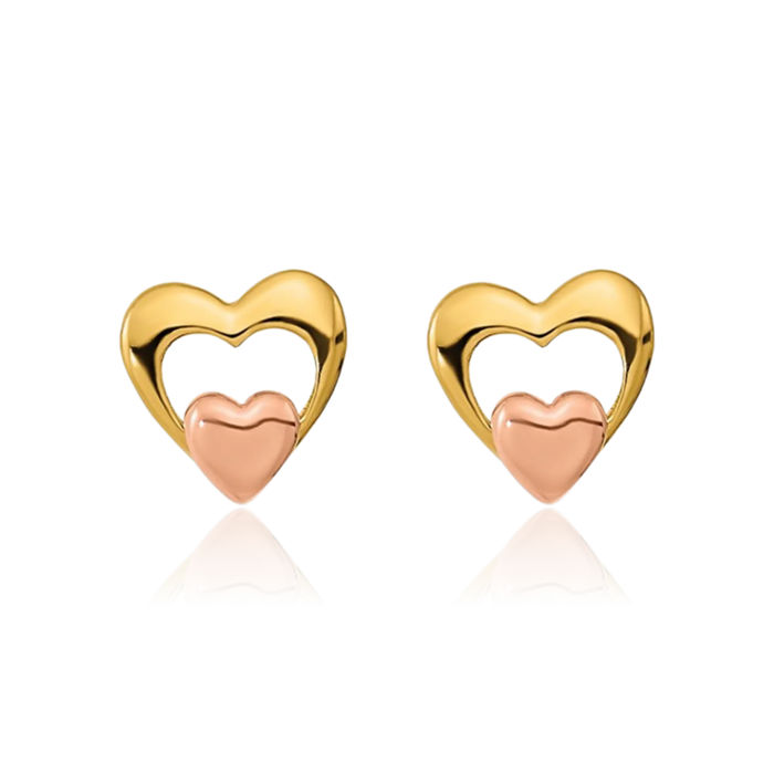 14K Solid Yellow Rose Pink Gold Heart Stud Earrings