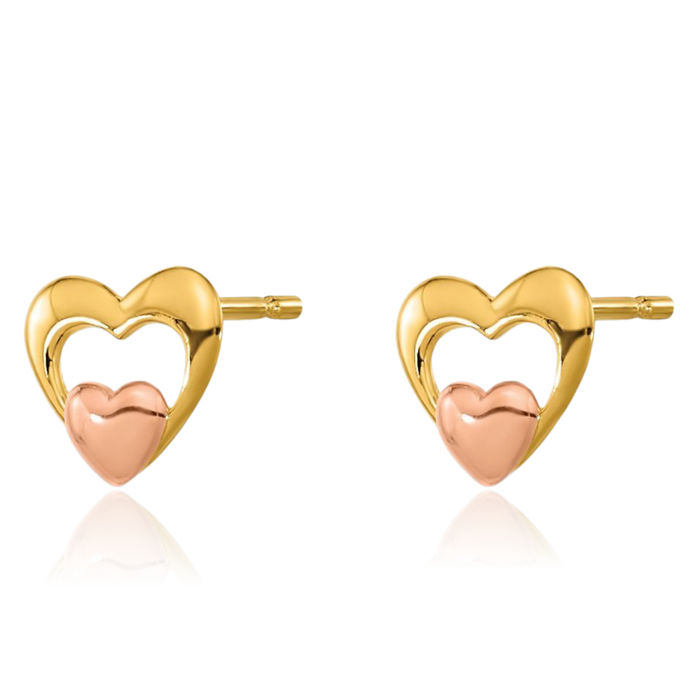 14K Solid Yellow Rose Pink Gold Heart Stud Earrings