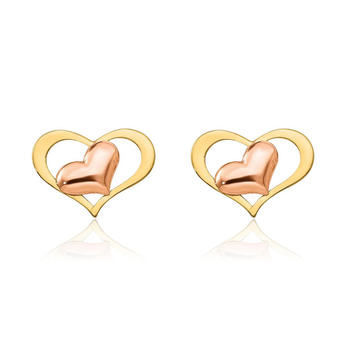 14K Solid Yellow Rose Pink Gold Heart Stud Earrings