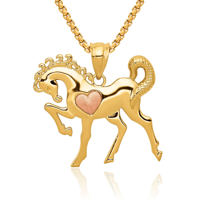 14K Solid Yellow Rose Pink Gold Horse Head Heart Necklace Animal Lover Pendant Equestrian Charm