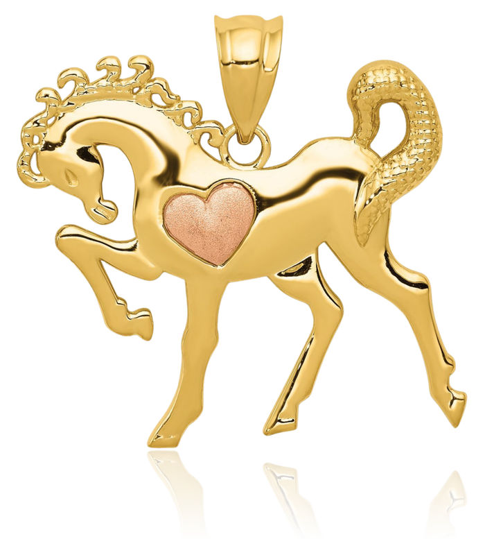 14K Solid Yellow Rose Pink Gold Horse Head Heart Necklace Animal Lover Pendant Equestrian Charm