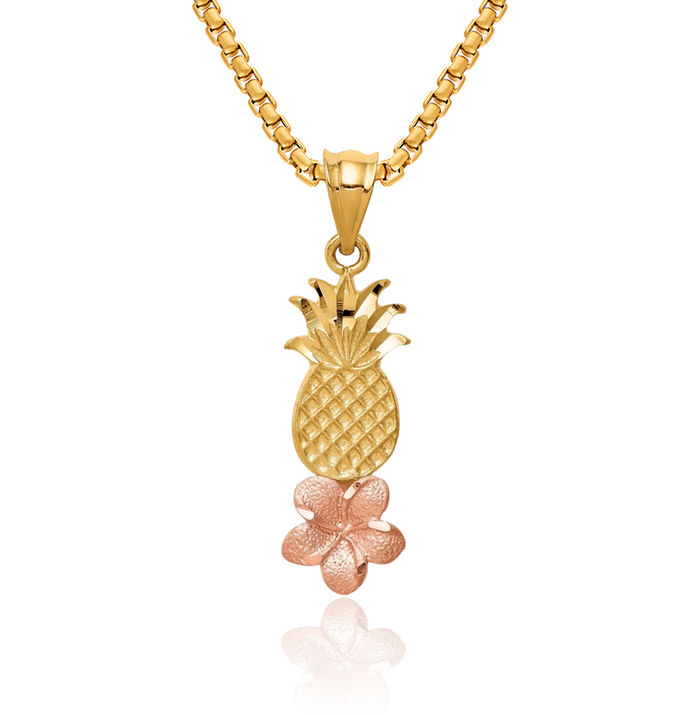 14K Solid Yellow Rose Pink Gold Pineapple Hawaiian Plumeria Flower Necklace Chain Pendant Charm