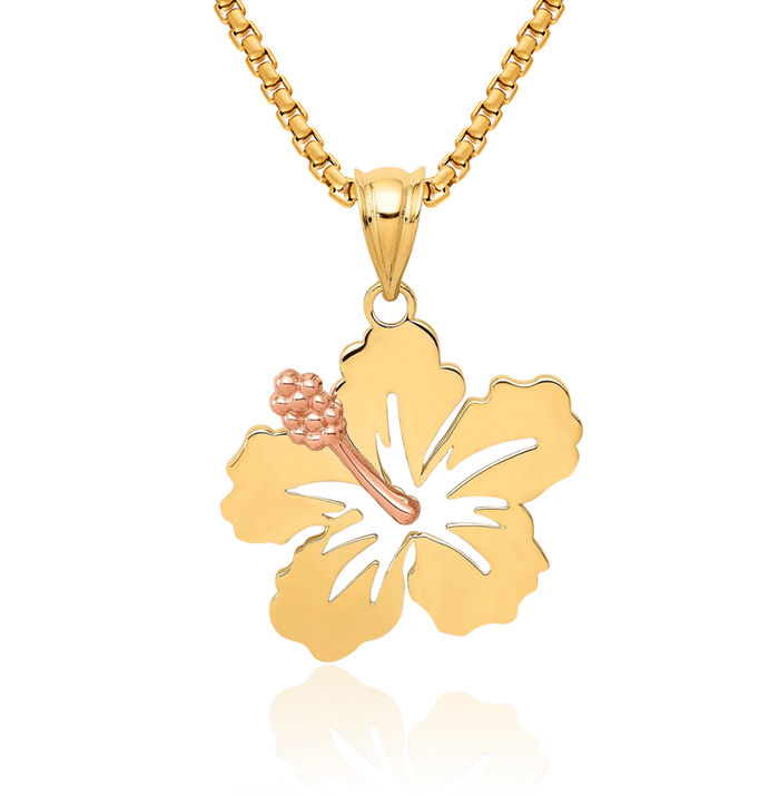 14K Solid Yellow Rose Pink Gold Tropical Hibiscus Flower Necklace Hawaiian Pendant Plumeria Charm