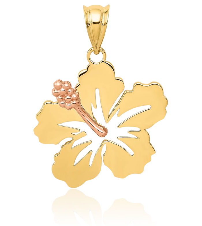 14K Solid Yellow Rose Pink Gold Tropical Hibiscus Flower Necklace Hawaiian Pendant Plumeria Charm